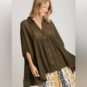 Olive Brown Umgee tiered button down